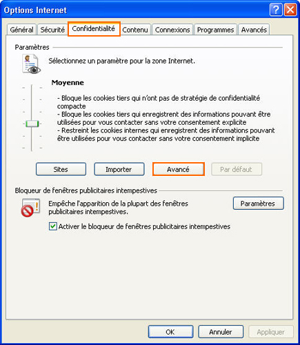 Options Internet - onglet Confidentialité